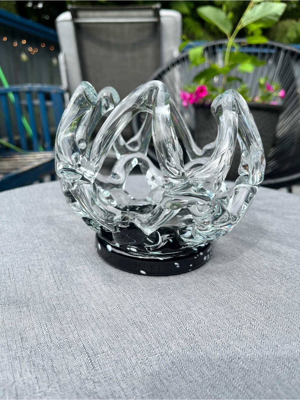 Hand Blown Art Glass Crown Bowl Black White Confetti MCM Décor